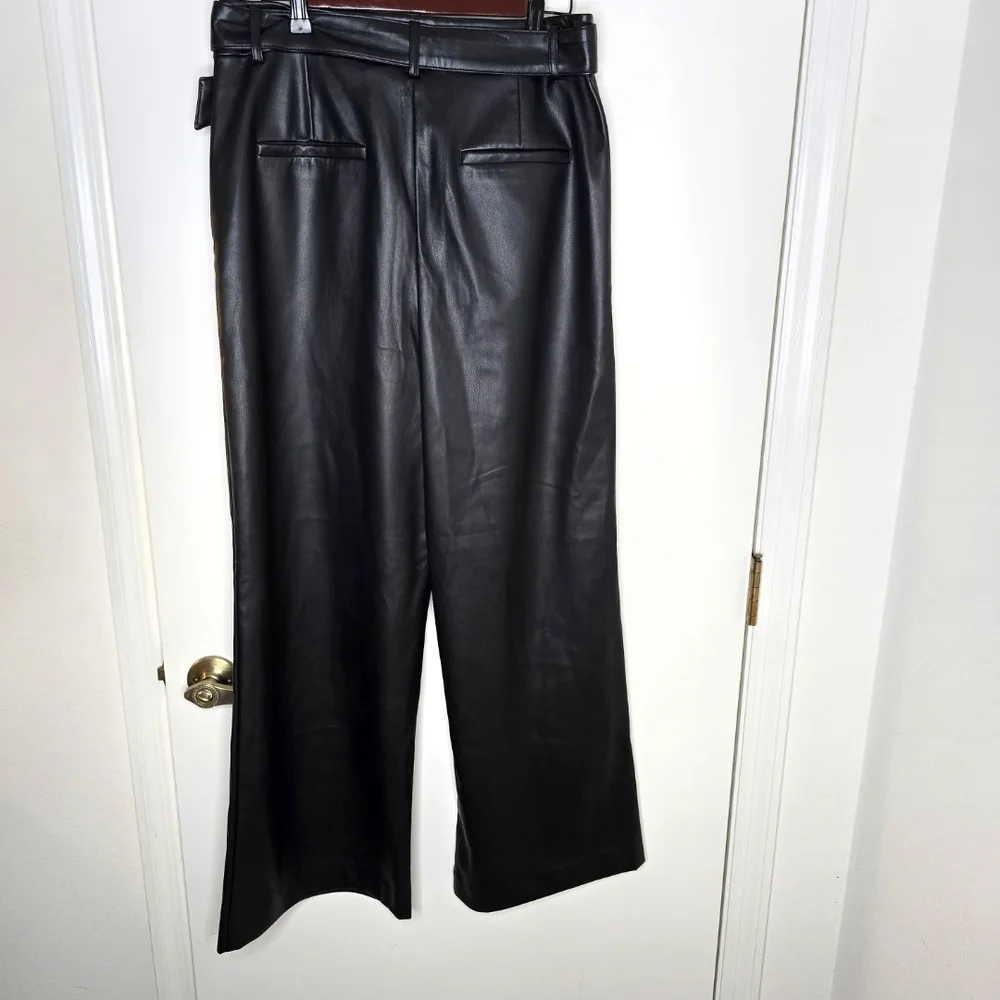 LOFT Black Wide Leg Faux Leather Belted Women's Pants Size 10 NWT